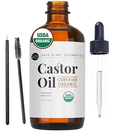 Kate Blanc Cosmetics Castor Oil Organic for Hair, Lashes, Face. Eyelash Serum for Thicker-Looking Eyelashes & Eyebrows (2oz, 100% Pure, Cold Pressed, Hexane Free)