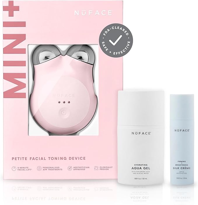 NuFACE MINI+ Microcurrent Facial Device Kit - FDA Cleared Face Sculpting & Skin Tightening Device to Contour, Lift & Tone + Microcurrent Gel Activator & Silk Creme - Sandy Rose