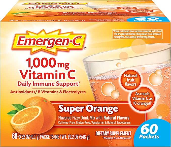 Emergen-C 1000mg Vitamin C Powder for Daily Immune Support Caffeine Free Vitamin C Supplements with Zinc and Manganese, B Vitamins and Electrolytes, Super Orange Flavor - 60 Count/2 Month Supply